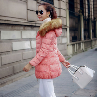 2015女冬装蕾丝毛领羽绒棉衣棉服拼接中长款大码时尚外套