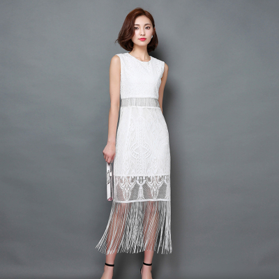 2016夏季韩版新款圆领修身显瘦无袖蕾丝收腰流苏连衣裙白色中长裙