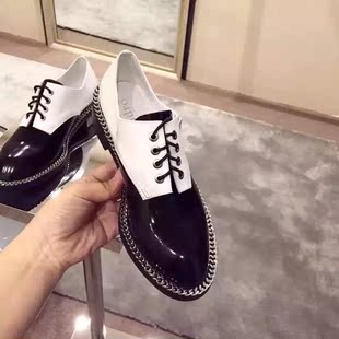 2016新款黑白拼色单鞋细带链条全真皮女鞋时尚高端帅气女鞋子