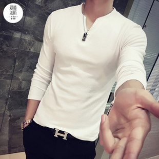 2016秋季新款男士韩版修身深V领低领长袖T恤青年紧身弹力打底衫潮