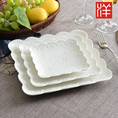 陶瓷纯色平盘 浮雕西餐盘方形盘 特色菜盘子 骨瓷小菜盘 中式