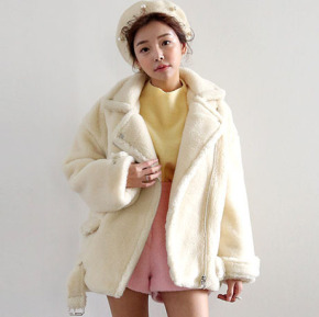 2015年韩国官网代购冬季新款女装时尚帅气机车风毛毛拼接外套夹克