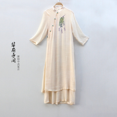 淡墨依品 紫藤 原创复古中式茶人服双层手绘中国风女装连衣裙
