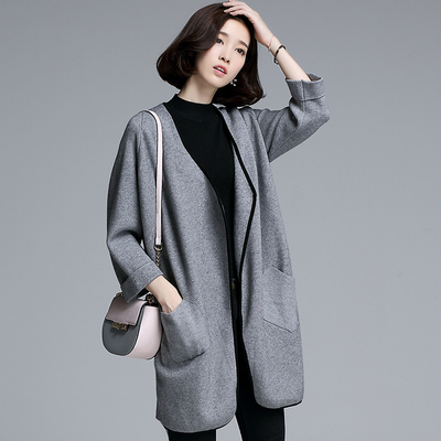 2016韩国秋冬女士大衣针织衫外套大码中长款毛衣大牌开衫黑灰显瘦
