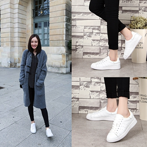 春季韩版新款单鞋女平底系带真皮小白鞋女圆头白色运动鞋学生板鞋