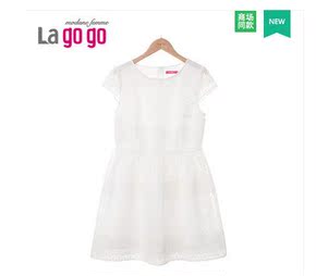 Lagogo/拉谷谷2015夏季纯色蕾丝镂空格子修身连衣裙EBB943D706