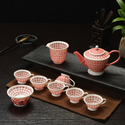 泥韵茶具 纯手工编织茶具套装白瓷陶瓷功夫茶具手编玲珑礼品茶具