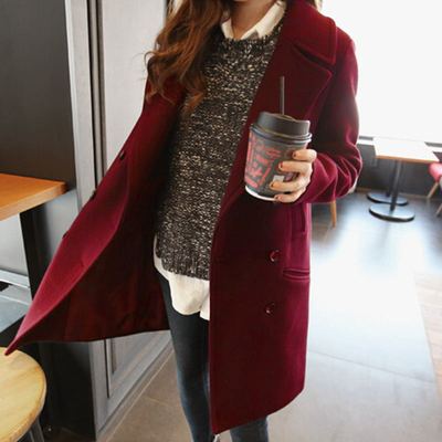 2015秋冬新款时尚韩版修身 毛呢大衣女 中长款红色保暖撞色女装潮