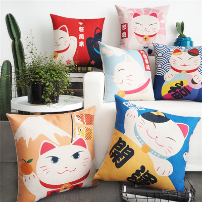 卡通日式招财猫棉麻抱枕办公室靠枕咖啡厅沙发靠垫套加厚飘窗靠背