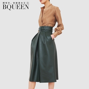 Bqueen2016秋新款欧美时尚衬衫小立领长袖PU高腰a字裙两件女套装