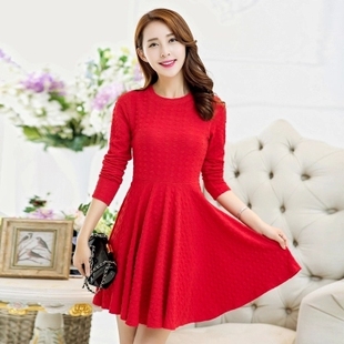2015秋装新款韩版女装修身显瘦气质A字裙中裙子红色针织连衣裙冬