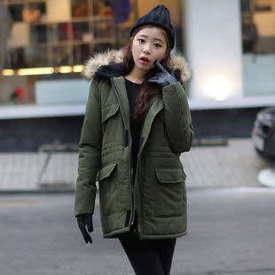 韩版工装冬装棉服羊羔毛领中长款加厚棉衣外套休闲女装军绿色棉袄