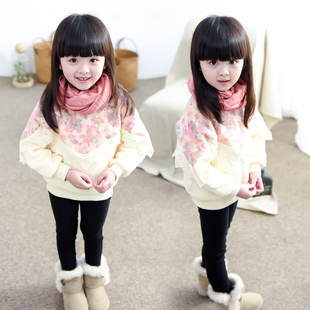 韩国童装女童加绒卫衣2015新款儿童冬装蕾丝碎花加厚绒衫打底衫