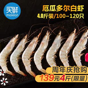 【买鲜】厄瓜多尔白虾(100-120只)4斤/盒 进口生鲜冻虾 速冻海虾