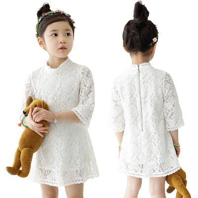 童装韩版女童公主裙2016新款儿童圆领蕾丝白色中袖连衣裙宝宝童裙