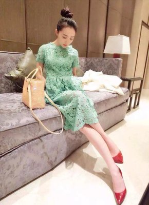 2015夏新款女装 韩名媛高端水溶蕾丝镂空长款连衣裙薄荷绿