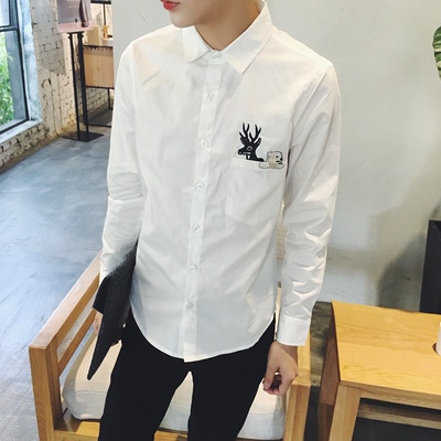 港仔文艺男男士长袖衬衫纯白色小鹿松鼠刺绣图案青少年潮男生衬衣