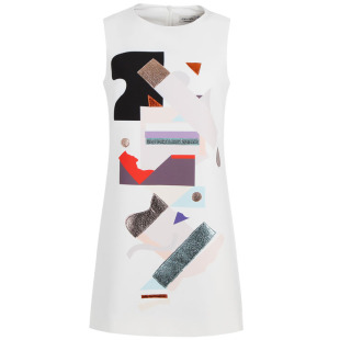 MZ 2015秋冬新款欧美艺术感几何图案印花拼贴金属皮革连衣裙