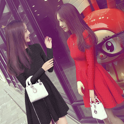 2015秋装新款连衣裙韩版长袖红色针织连衣裙气质修身显瘦打底裙女