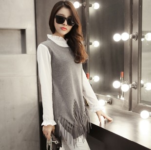 2015韩版女装 春秋新款衬衫荷叶领下摆流苏假2件套长袖针织衫套头