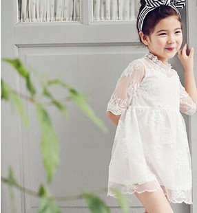 2015夏装韩国新款女童母女亲子装宴会白色礼服连衣裙