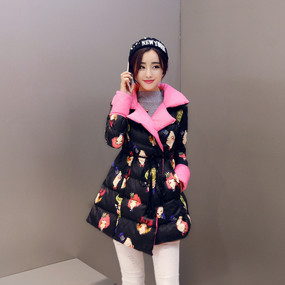 2015冬装新款棉衣女韩版中长款大码女装加厚羽绒棉花色棉服外套潮