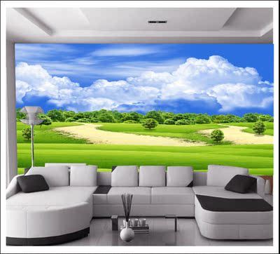 美阁客厅沙发电视背景墙 3D立体壁画田园壁纸墙纸 蓝天白云风景