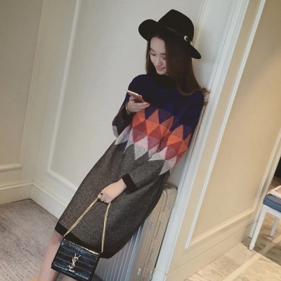 2015冬装新款韩版女装时尚波普格子拼色套头学生中长款毛衣裙女潮