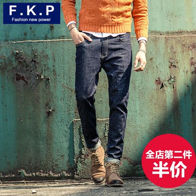 F．K．P秋冬款男士牛仔裤男青年原色小脚裤直筒韩版修身长裤子潮