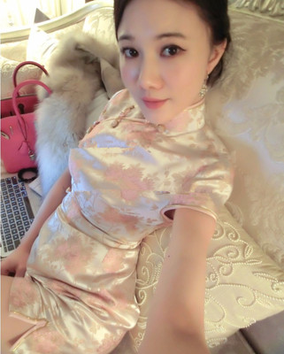 2015夏装新款高端定制短袖粉色大花短袖短旗袍女士晚装礼服