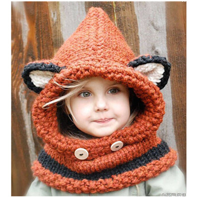 韩国可爱耳朵狐狸动物毛线帽子男秋冬加厚保暖护耳针织围脖女儿童