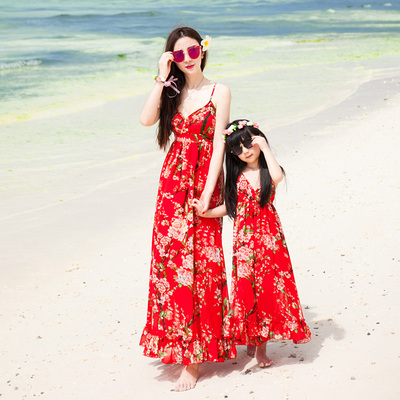 亲子母女装2016夏印花女童长裙波西米亚沙滩裙海边度假雪纺连衣裙