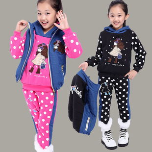 童装女童冬套装2015新款中大女潮儿童韩版卫衣加厚加绒三件套装