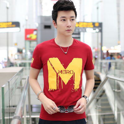 青年夏季夏天衣服男士潮流英伦韩版大红色字母M体恤T恤衫短袖半袖
