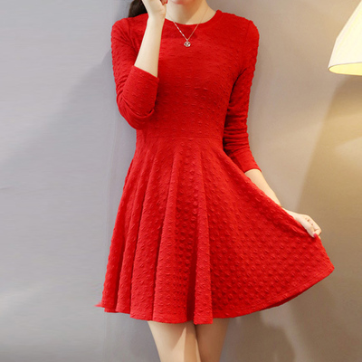 2015韩国新品 长袖连衣裙中长款拼接高腰秋冬款红色连衣裙包邮