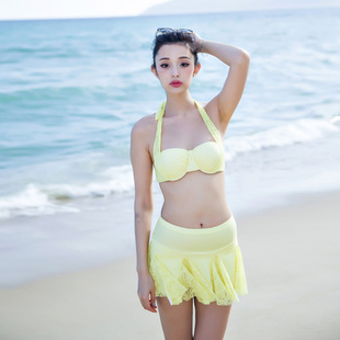 夏季新款露肩沙滩分体式裙式泳衣海滩渡假女士泳装wd-555190
