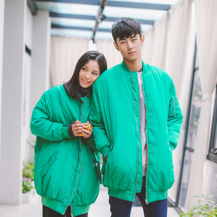 2015韩国情侣装冬装外套中长款纯色棉衣男女学院风棉服个性长袖