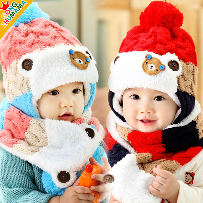 冬季新款 韩版宝宝帽子套头帽保暖儿童帽 毛线帽围巾两件套加绒包