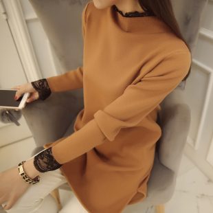 2015年秋冬季新款韩式时尚气质蕾丝拼接针织打底针织女连衣裙包邮
