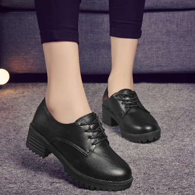 秋季英伦学院风小皮鞋系带圆头单鞋中跟粗跟学生女鞋黑色工作鞋