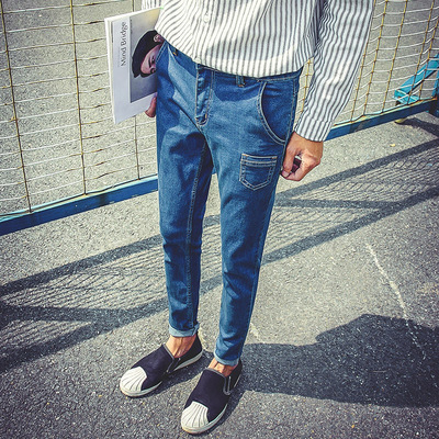韩国代购 牛仔裤 韩版男式弹力修身男士小脚裤个性小口袋装饰潮裤