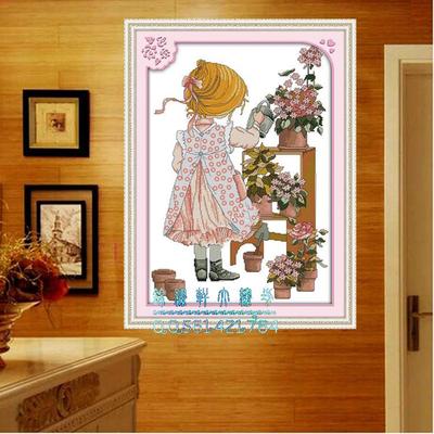 埃及纯棉线生态棉印花十字绣浇花的小女孩简约现代欧式客厅最新款