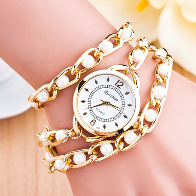 韩版时尚手链表珍珠粒手表 金色夹珍珠女士手表韩流运动休闲腕表