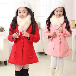 2015新款公主童外套女童冬装中大童儿童毛领呢大衣童装