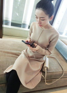 2015韩版新款秋冬女装 高端收腰下摆长裙加厚针织连衣裙A字裙
