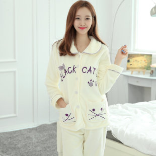 韩版女士秋冬加厚法兰绒睡衣珊瑚绒可爱卡通猫清纯字母家居服套装