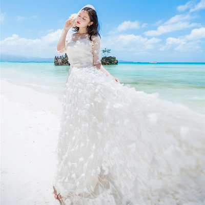 立体花朵刺绣性感中袖长裙礼服波西米亚海边沙滩度假大摆连衣裙