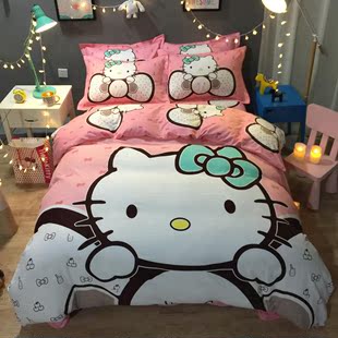秋冬季全棉卡通加厚磨毛四件套纯棉凯蒂猫儿童床上用品1.5米床单