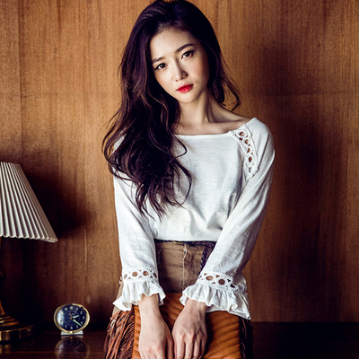 2016秋季新款韩版长袖T恤女修身显瘦小清新甜美镂空荷叶袖打底衫