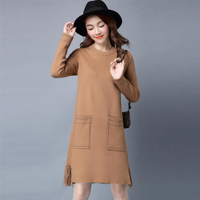 秋冬季新款针织羊毛衫中长款流苏羊绒连衣裙时尚宽松套头毛衣女装